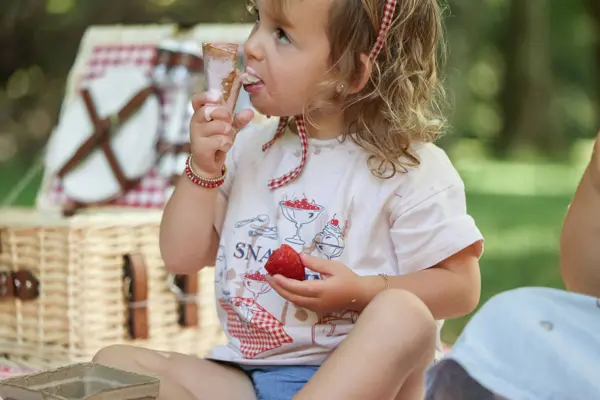 Toddler eating strawberries at a picnic, outdoor photography by Photoholic, Rockland County NY